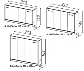 Schrankbett horizontal HB 140x200 mit Aufsatz und 2 Schrnken
